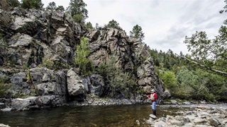  A person in a red jacket, blue jeans, and black waders stands in a shallow, rocky riverbed and fly fishes next to a cliff dotted with boulders. A few trees and plants protrude from the rocks, and other greenery hugs part of the water’s edge.